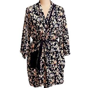 Vera Bradley Navy Floral Cotton Robe Kimono Sleeve Belted Lounge Wear S/M